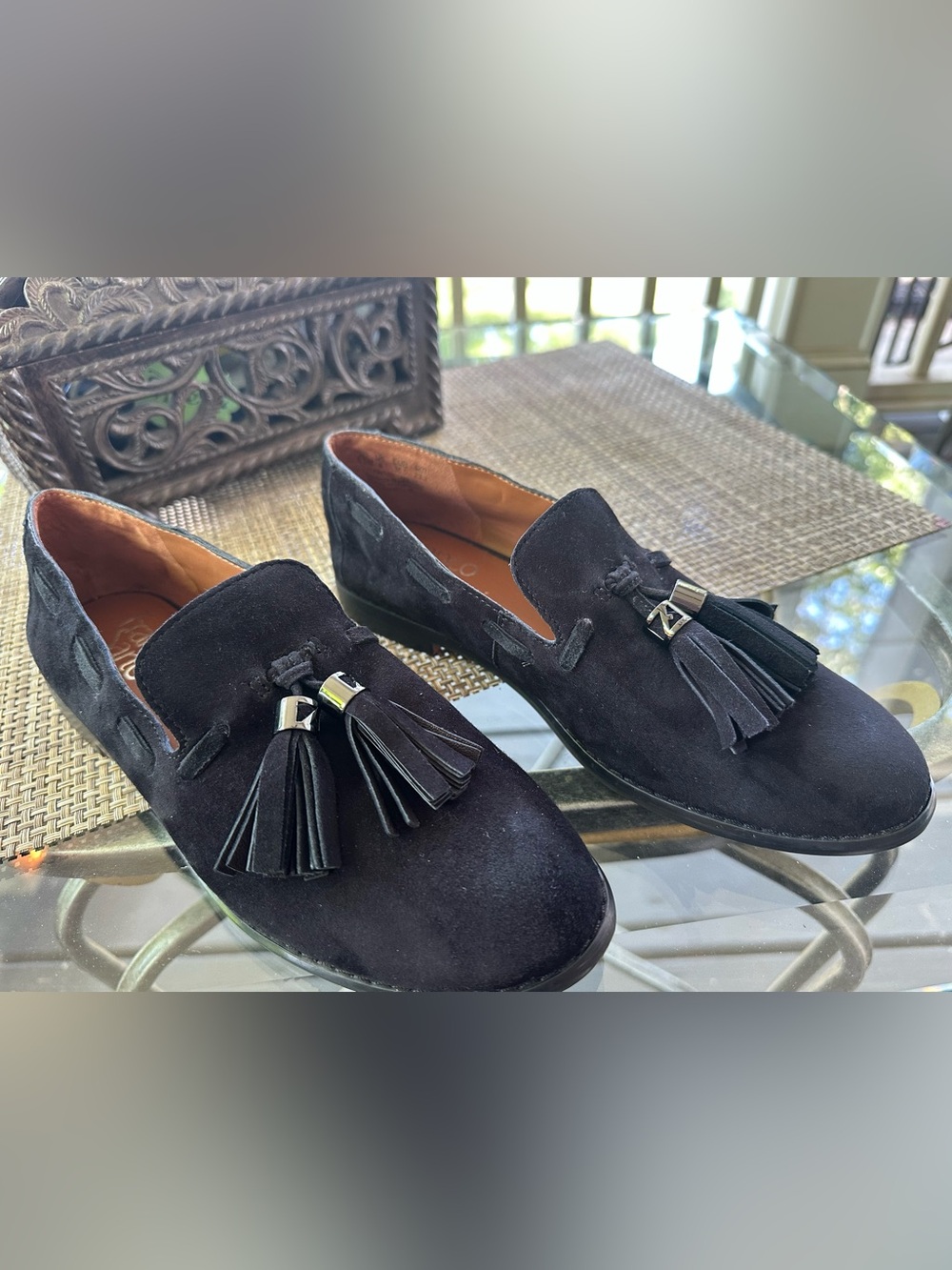 Franco Sarto Black Suede Hartlie Tassel Loafers with Metallic Accent